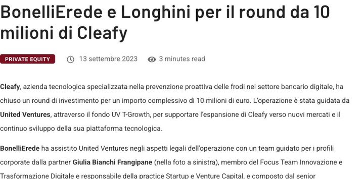 BonelliErede e Longhini per il round da 10 milioni di Cleafy